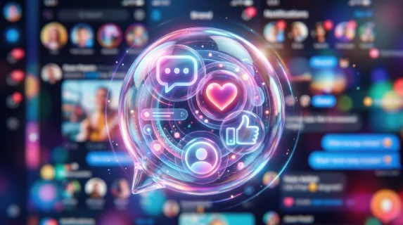 A translucent social media bubble icon with chat, heart, like, and user profile symbols, glossy communication layers, playful app atmosphere, ultra-realistic, no logos.