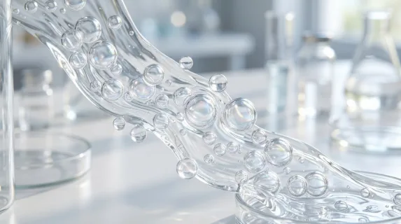 Macro view of transparent collagen-like bubbles and clear face serum motion, luminous hydration concept with elegant scientific skincare atmosphere, ultra-realistic, no logos.