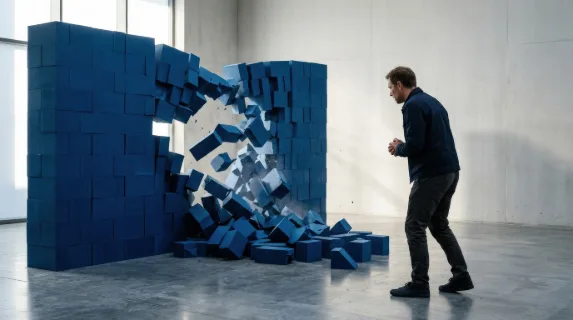 A man watching a blue wall block collapse and fall from place, fractured geometry, stark minimal setting, symbol of weak links failure collapse and system risk, tense conceptual atmosphere,