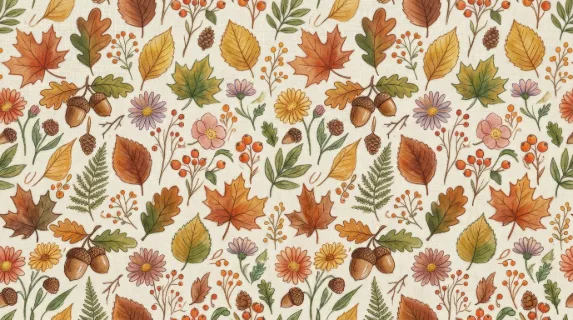 A seamless autumn leaf pattern with acorns, flowers and forest foliage, soft watercolor-like tones and cute crayon doodle warmth, cozy fall mood, ultra-realistic, no logos.