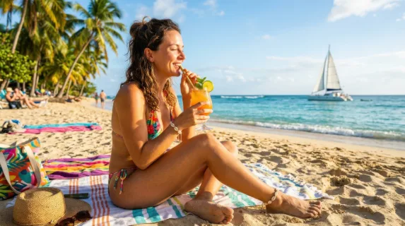 A person sipping a refreshing drink on a colorful beach with palm trees and a sailboat in the distance, warm sunlight, vivid summer tones and carefree vacation mood, ultra-realistic, no logos.