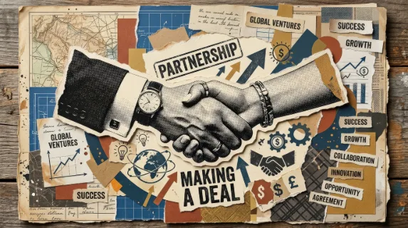 A trendy collage element of halftone hands reaching to shake, cutout paper edges, making-a-deal symbolism and modern retro business partnership mood, ultra-realistic, no logos.