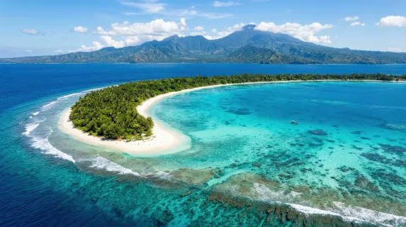 A drone view of a heavenly atoll near Lombok island, luminous turquoise water, curved shoreline and untouched South Pacific paradise under radiant daylight, ultra-realistic, no logos.