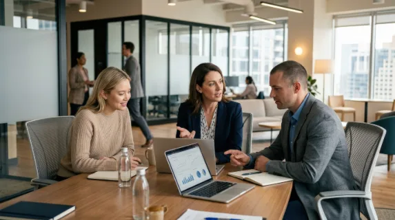 Business people having a discussion and using a laptop, contemporary office setting, shared focus, subtle gestures and balanced corporate lighting, ultra-realistic, no logos.