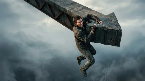 A man hanging from the edge of a large downward arrow, vast empty space, dramatic tension, stark light and a surreal atmosphere of risk, failure, and struggle, ultra-realistic, no logos.