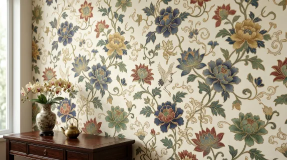 Oriental floral ornament pattern with decorative leaves and stylized blooms, elegant Asian-inspired seamless wallpaper in a refined classic mood, ultra-realistic, no logos.