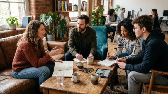 Coworkers having a creative discussion in an office lounge, casual seating, warm textures, notebooks and coffee, relaxed but focused collaborative mood, ultra-realistic, no logos.