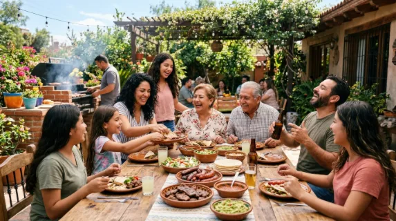 A happy Latin family gathering during an outdoor barbecue meal on a sunny day, shared dishes, warm laughter and casual clothing, bright patio setting with natural textures and glowing daylight,
