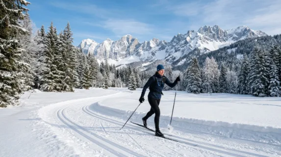 A cross-country skier moving through a snowy landscape with mountains and pine trees in the distance, crisp winter sports energy, ultra-realistic, no logos.