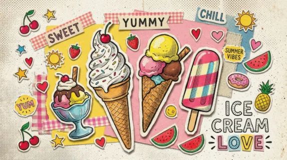 An ice cream halftone collage set with summer dessert stickers, dotted vintage texture, playful paper cut edges and cheerful mixed-media sweetness, ultra-realistic, no logos.