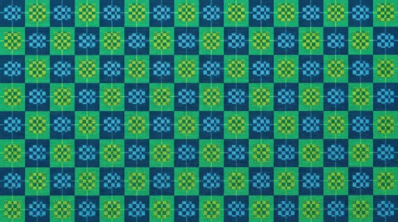 A geometric seamless pattern in blue and green checkered blocks, crisp rhythmic repetition with cool modern retro balance, ultra-realistic, no logos.