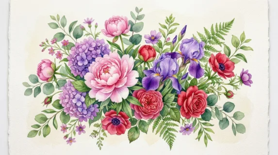 Watercolor floral illustrations with flowers and leaves in pink, purple, red and green, lush blossoms and gentle watercolor gradients, springtime decorative elegance, ultra-realistic, no logos.