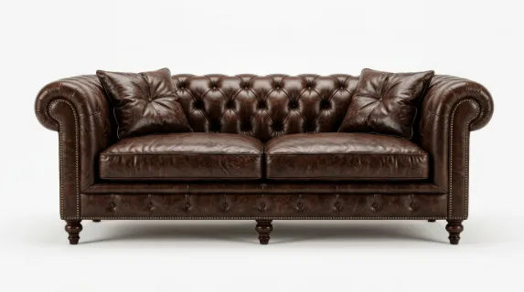 A luxurious dark brown leather chesterfield sofa with button tufting, nailhead trim, wooden legs, and two matching pillows on a white background, rich texture and classic grandeur, ultra-realistic, no