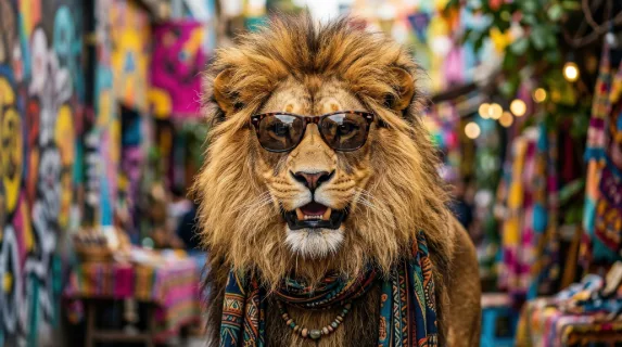 A vibrant lion wearing stylish sunglasses against a colorful background, playful expression and bold fashionable charisma, ultra-realistic, no logos.