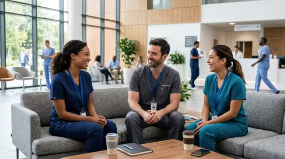 Smiling female medical professionals talking to a male coworker while seated on a sofa in a hospital lobby, modern healthcare interior, relaxed collegial mood, ultra-realistic, no logos.