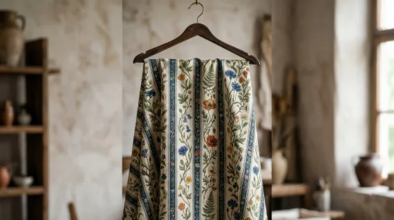 A trendy vertical striped floral pattern with wildflowers and intertwining leaves, vintage-inspired fashion textile elegance, ultra-realistic, no logos.