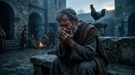 Saint Peter crying after denying Jesus at dawn, tears on his face, faint rooster in the background, cold morning light and a powerful mood of repentance, ultra-realistic, no logos.