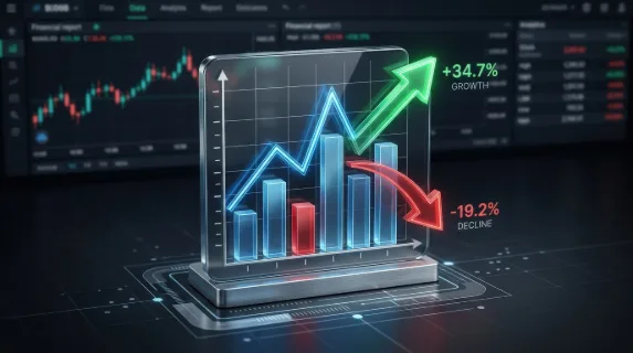 A line and bar chart icon with arrows showing growth and decline for financial reports, market performance, and statistics, precise analytics styling, ultra-realistic, no logos.