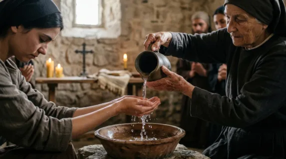 Gentle hands pouring water in a sacred washing ritual, clear flowing droplets, soft serene light, symbolism of humility, service, and devotion during holy week, ultra-realistic, no logos.