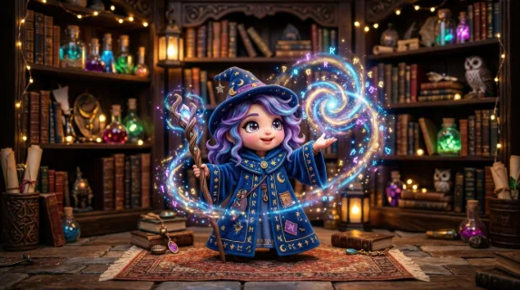 An adorable chibi wizard conjuring glowing magical elements, flowing robe, tiny staff and sparkling mystical accents in a cozy enchanted atmosphere, ultra-realistic, no logos.