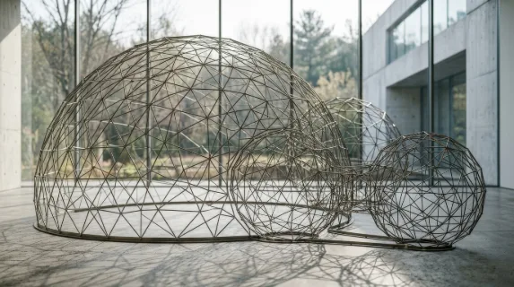 A set of 3D geometric wireframe spheres and domes with elegant linear mesh structure, architectural-organic abstraction and refined depth, ultra-realistic, no logos.