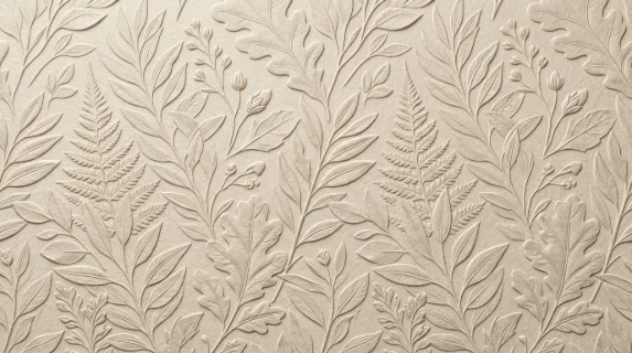 Seamless embossed leaf pattern in neutral beige tones, layered botanical texture with quiet decorative sophistication, ultra-realistic, no logos.