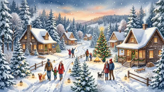 A winter seamless forest landscape with cottages, Christmas trees, people and dogs, cozy snowy village charm, soft festive watercolor warmth, ultra-realistic, no logos.
