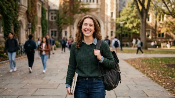 Portrait of a female adult student with a toothy smile on a university campus, casual smart clothing, blurred academic setting, natural light and confidence, ultra-realistic, no logos.