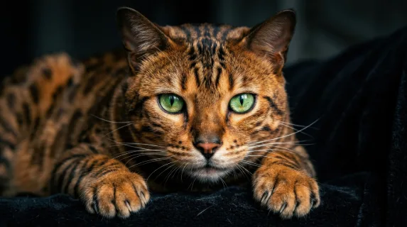 A close-up Bengal cat portrait with intense green eyes, striped orange-brown fur, visible whiskers and paws against a dark background, ultra-realistic, no logos.