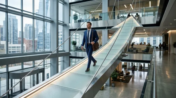 A man walking along a broad upward arrow path suspended in a clean corporate space, polished surfaces, cool modern tones, strong leading lines, symbol of success achievement and progress, confident
