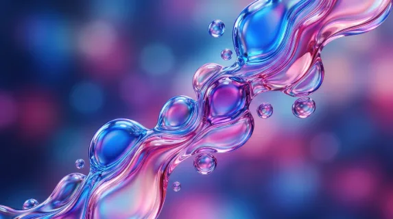 An abstract poster of iridescent liquid glass bubbles in vibrant blue, pink and purple gradients, fluid glossy forms with modern brochure-like elegance, ultra-realistic, no logos.