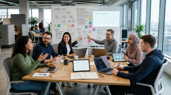 A group discussing ideas in an office with laptops and a presentation board, people seated around a modern table, sketches and digital screens adding depth, bright workspace and a concentrated