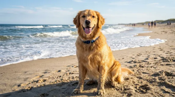 A dog portrait on the beach, sandy paws, wind-touched fur, ocean backdrop, warm sunny happiness, ultra-realistic, no logos.