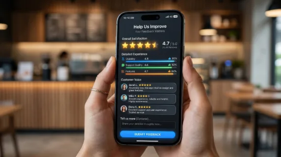 A mobile app feedback screen with glowing stars, review bubbles and satisfaction metrics, sleek user interface, trusted customer experience and brand reputation mood, ultra-realistic, no logos.