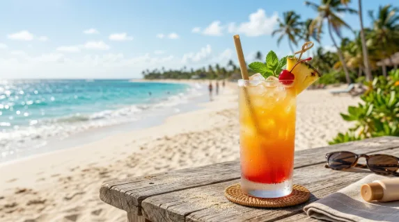 A refreshing tropical cocktail against a beach background with ample open space, chilled glass, bright sunlight and relaxed travel-promo atmosphere, ultra-realistic, no logos.