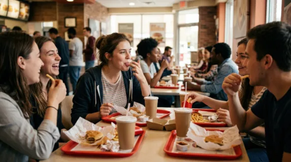 A young woman licking her fingers while eating fast food with friends at a restaurant table, trays and wrappers, casual dining interior, lively social mood, ultra-realistic, no logos.