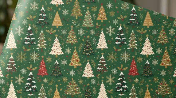 Green Christmas pattern filled with snowflakes and stylized fir trees, festive wrapping-paper design in rich seasonal tones, cheerful and cozy, ultra-realistic, no logos.