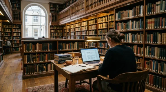 A study area with a chair and laptop in a library filled with books, wooden shelves, soft reading light, calm academic order, focused and peaceful atmosphere, ultra-realistic, no logos.