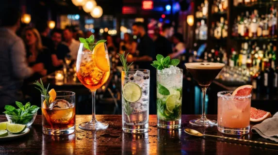 A cocktail assortment with citrus slices, ice, herbs, elegant glasses, and colorful mixed drinks on a sleek bar surface, glowing reflections and vibrant nightlife mood, ultra-realistic, no logos.