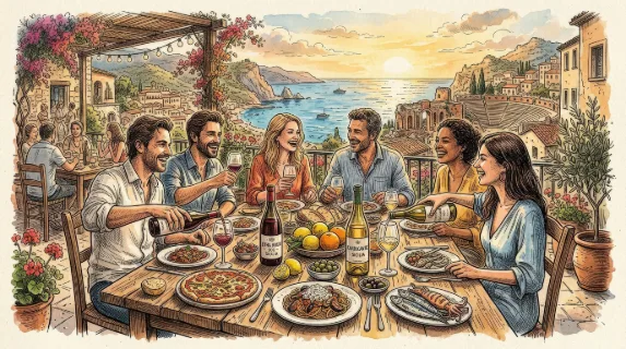 La dolce vita Italian Sicily-style food and wine sketches, hand-drawn ink linework and a sun-drenched leisurely dinner atmosphere, ultra-realistic, no logos.