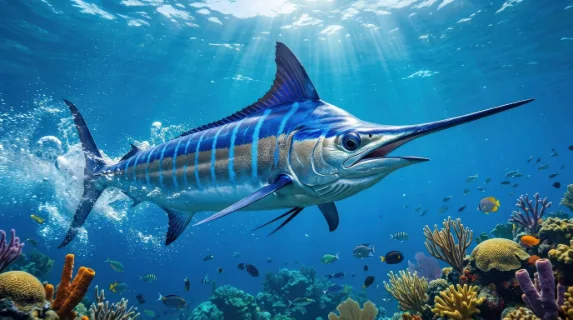 A spectacular blue marlin swimming powerfully through tropical waters, sharp spear-like bill, vivid aquatic motion, dynamic ocean atmosphere, ultra-realistic, no logos.