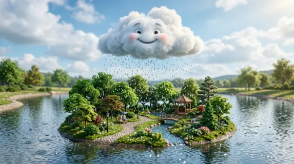 A smiling fluffy cloud raining over a miniature island with trees and a pond, tiny park details, fresh droplets, bright whimsical weather mood, ultra-realistic, no logos.