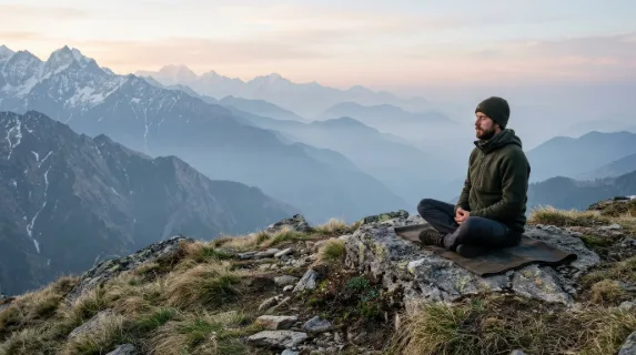 A solitary figure meditating high in the mountains, layered peaks fading into haze, wind-brushed grass and scattered stones, cool alpine air, soft dawn light, contemplative and deeply calming