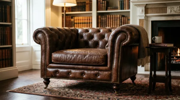 A luxurious brown leather armchair with deep button tufting and brass studs, rich patina, classic silhouette, soft studio lighting, refined vintage atmosphere, ultra-realistic, no logos.