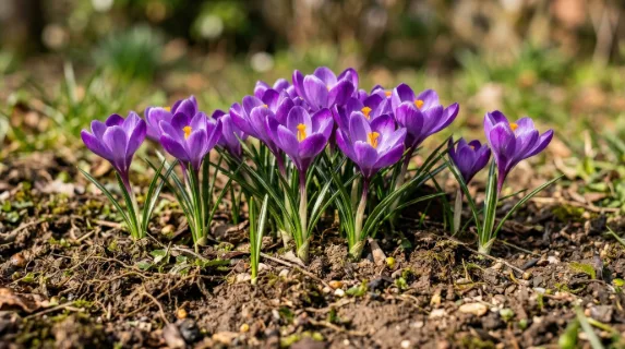 A group of purple crocus flowers rising from textured brown earth with green leaves, sunlit spring mood and earthy detail, ultra-realistic, no logos.