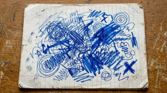 A messy blue scribble set with expressive pen, marker and crayon squiggles, thick sketchy strokes and grunge school-notebook energy on a textured backdrop, ultra-realistic, no logos.