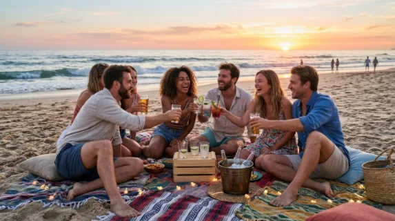 Friends enjoying a cheerful beachside gathering with drinks and laughter, blankets, chilled glasses, ocean backdrop, festive sunset warmth, ultra-realistic, no logos.