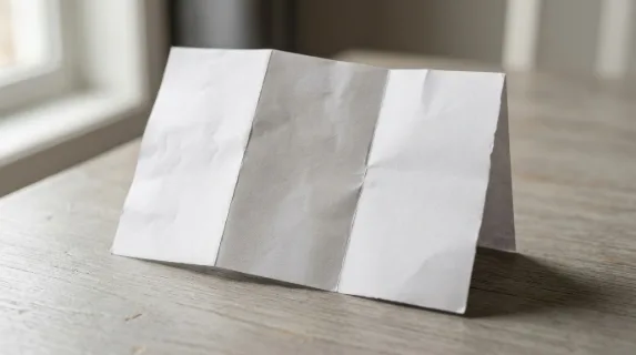 Blank folded white paper with natural wrinkles and soft edge shadows, minimal studio lighting emphasizing crisp creases, ultra-realistic, no logos.