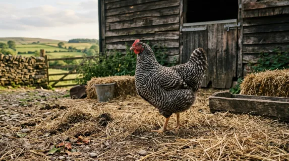 A chicken standing in a rustic farmyard with detailed feathers, straw, and soft countryside light, natural textures and calm pastoral mood, ultra-realistic, no logos.