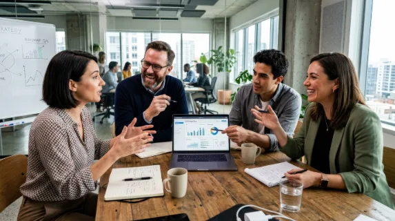 Professionals engaged in lively discussion around a laptop during a meeting, dynamic gestures, modern office details and an energetic strategic atmosphere, ultra-realistic, no logos.